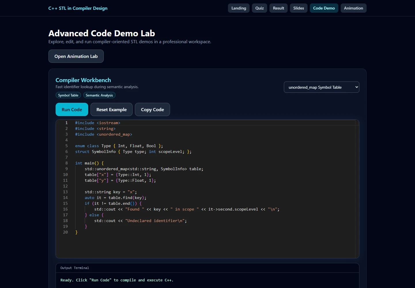 C++ Concepts Lab's live code workspace showing an unordered_map symbol-table example in the editor.